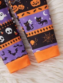 Young Boy Halloween New Snug Fit Knit Purple Skeleton, Pumpkin Lantern, Bat Long Sleeve Jumpsuit Pajamas, Family Matching Kids Halloween Pajamas Snug Fit Fall Winter - Multicolor - View 8