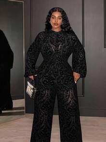 Veslaya Bộ quần ống rộng và áo sơ mi lưới mỏng gợi cảm dự tiệc cỡ lớn thanh lịch mới 2025 - màu đen - Xem 5