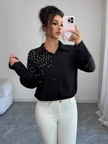 SHEIN Clasi Spring/Summer New Stylish Beaded Loose Long Sleeve Blouse, Black - Black - View 5