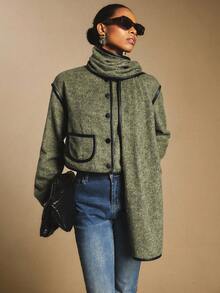 Poéselle Cappotto con profili a contrasto verde oliva con sciarpa, stile "old money", essenziale per il capsule wardrobe, idee autunnali, moda dark academia, cappotto chic preppy, cappotto corto da donna con bordi a contrasto, autunno/inverno - Verde militare - Visualizzare 7