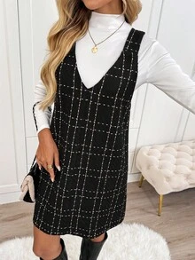 SHEIN LUNE 女士休闲格子口袋无袖粗花呢短连衣裙，日常百搭，秋冬款 - 黑與白 - 查看 3