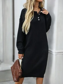 EMERY ROSE 女士休闲纯色针织连衣裙，百搭秋冬 - 黑色 - 查看 7