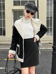 SHEIN 青少年女孩翻领长袖纽扣前开休闲百搭冬季羊毛夹克