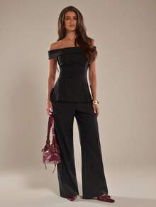 SHEIN BAE 女士纯色露肩上衣和裤子优雅两件套 - 黑色 - 查看 1