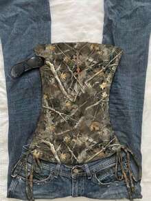 Coolane Women's Fall/All-Season Streetwear Going Out Y2K Grunge Casual Tree Branch Pattern Drawstring Tan Tube Top - Multicolor - View 7