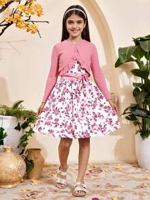 2pcs/Set Tween Girls' Ruffle Hem Jacket And Floral Print Sleeveless Dress,Holiday,Summer,Travel, School, Campus, College - Coral Pink - View 4