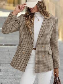 Solivie 女士秋冬格纹复古西装外套 - 卡其色 - 查看 8