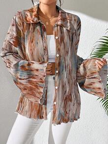 EMERY ROSE 女士春夏时尚假日通勤随机花卉印花喇叭袖衬衫，长袖上衣 - 棕色 - 查看 6