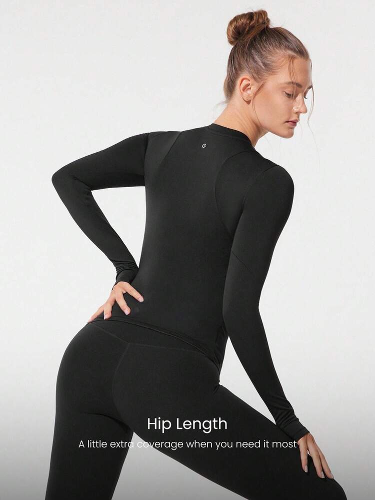 Slim Fit Warm Waist Length Knit Long-Sleeve Top With Thumbholes Running Jogging Hiking Gym Training Daily Active Wear Sweat-Wicking