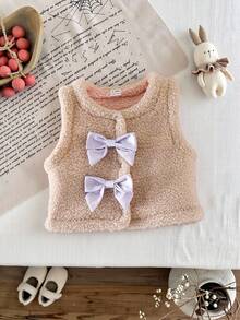 SHEIN Toddler Girls' Cute Khaki Sherpa Sleeveless Jacket With Bow Decor, Comfortable For Autumn/Winter - Khaki - View 1