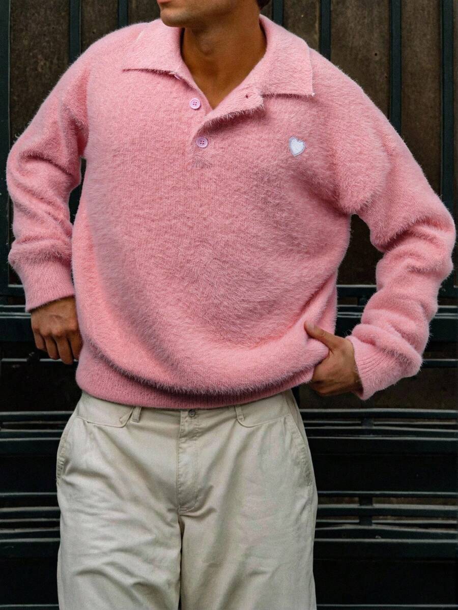 Manfinity Roghcode 男士休闲纯色针织粉色毛衣，秋冬返校季毛绒长袖上衣 - 粉色 - 查看 1