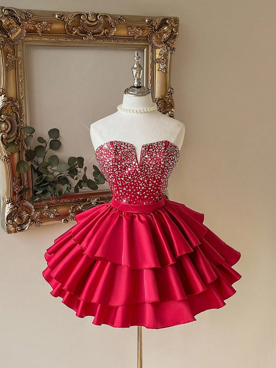 Lovelzi 优雅、浪漫、性感的黑色缎面面料，深 V 领，收腰，紧身胸衣，大量水钻装饰，有骨紧身胸衣，后背系带，A 字裙，褶皱设计，适合毕业典礼、学校开学典礼、音乐节、生日派对、婚礼、舞会礼服 - 酒紅色 - 查看 1