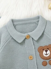 SHEIN Baby Boy Knitted Romper, Peter Pan Collar, Embroidered Bear Design, Cute & Adorable Fall Winter