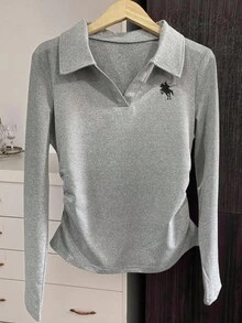 SHEIN 女式休闲骑士印花翻领长袖T恤 - 灰色 - 查看 4