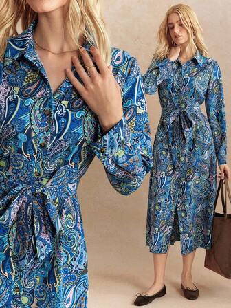 Écloséra 时尚休闲法式复古花卉印花衬衫领口袋装饰长袖春秋女装