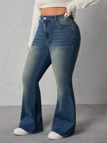 SHEIN ICON Quần jeans ống loe eo thon cổ điển cỡ lớn thời trang mùa hè cho nữ - Rửa tối - Xem 4