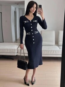 DAZY Women's Elegant Fitted Knit Midi Dress, Suitable For Commuting In Autumn Sweater Dress - Blue - View 5