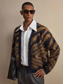 AKNOTIC 男士新款开襟羊毛衫，豹纹抓绒休闲外套，适合秋冬季节，可手洗或干洗，圣诞节、新年必备单品 - 藍色 - 查看 3