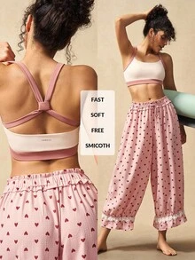 VARSIVA Bộ đồ thể thao nữ, áo hai dây màu tương phản và quần in họa tiết toàn thân, quần in hình trái tim, bộ đồ mùa hè cho nữ, quần Capri, bộ đồ hai mảnh, bộ đồ thể thao - Nhiều màu - Xem 1