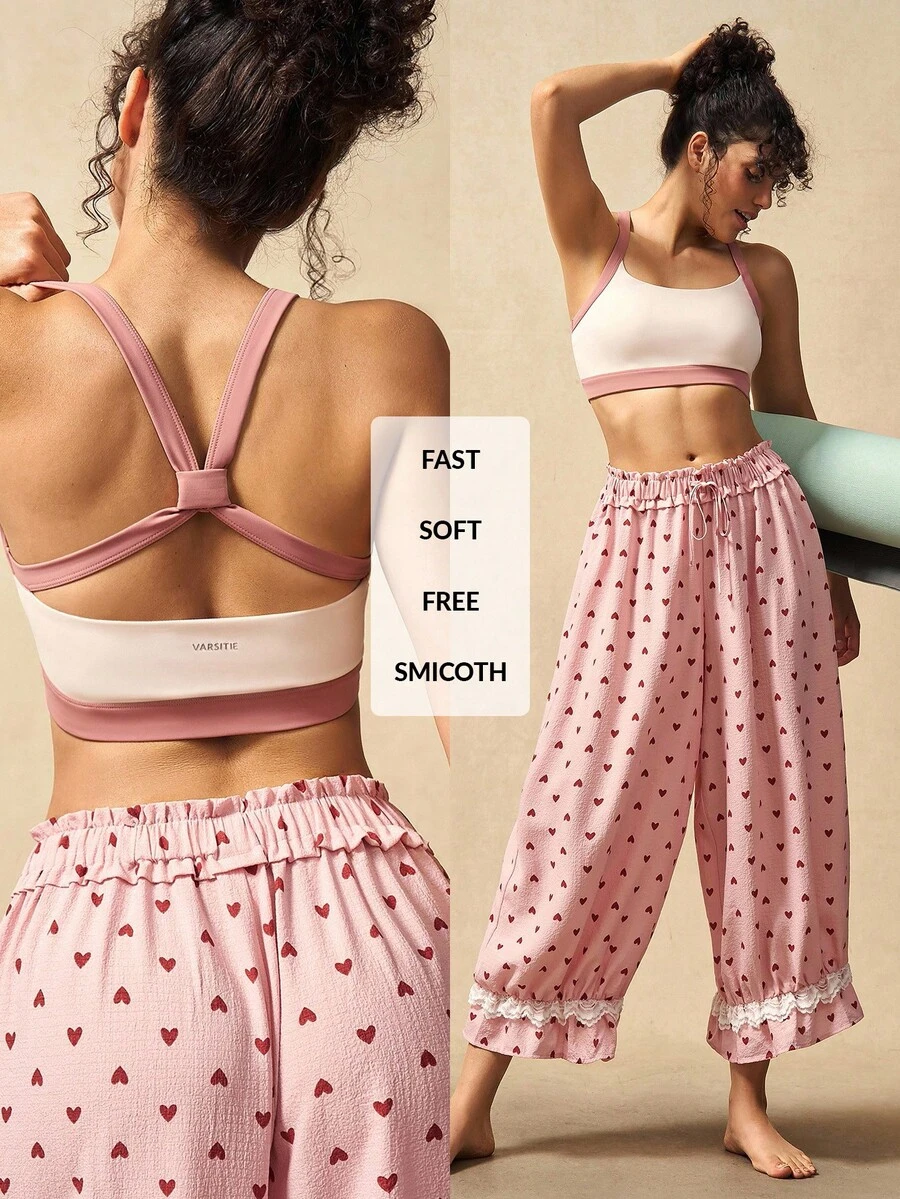 VARSIVA Bộ đồ thể thao nữ, áo hai dây màu tương phản và quần in họa tiết toàn thân, quần in hình trái tim, bộ đồ mùa hè cho nữ, quần Capri, bộ đồ hai mảnh, bộ đồ thể thao - Nhiều màu - Xem 1
