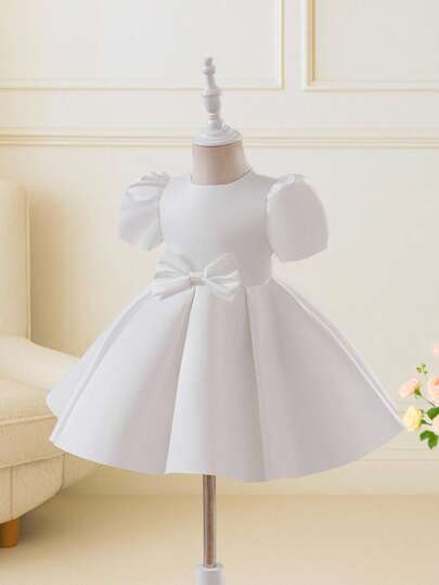 Glamorique Kids Vestido de fiesta de manga corta para niña con lazo de satén y decoración floral, unicolor, otoño/invierno