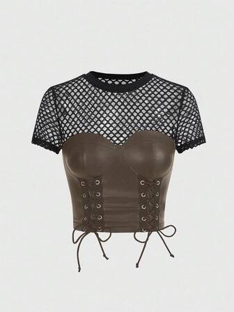 Blusa de mujer con diseño de contraste de color, parches de red y cruzado con lazo delantero