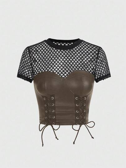 Damen Mode Kontrast Farbige Fischnetz Patchwork Kreuz-Vorder-Krawatte Top