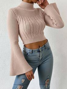 EURMUSE High Neck Cable Knit Flare Sleeve Crop Sweater - Pink - View 4