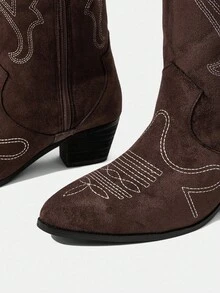 Styleloop Women's Studded, Zipper, Embroidered Decor Chunky Heel Pointed Toe Slip-On Boots, Suitable For Festivals, Outdoor, Halloween, Christmas, Autumn Outfits, Western, Core - Coffee Brown - View 4