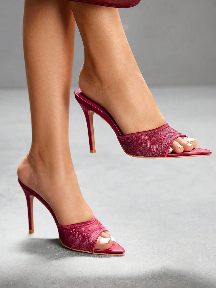 CUCCOO SZL Wine Red Satin & Mesh Patchwork Fashion Sexy Pointed Toe Stiletto High Heel Mules
