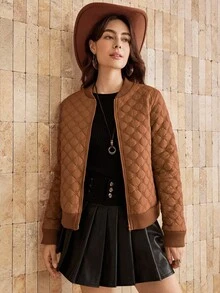 Wildy Áo khoác dài tay có khóa kéo màu trơn cổ điển thường ngày dành cho nữ - trái cam - Xem 5