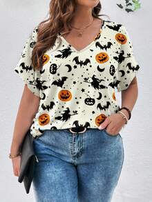 SHEIN LUNE 万圣节休闲南瓜和蝙蝠全身印花宽松大码女式 V 领短袖 T 恤套头衫，适合夏季