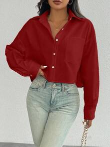 SHEIN Luminelle Áo sơ mi dáng rộng tay dài, đơn hàng khuy, vai trễ màu trơn dành cho nữ - Màu Đỏ Sâu - Xem 1