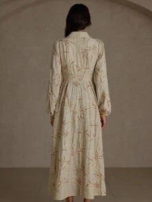 GENKIRA Natural Style Solid Color Embroidered Collar Single-Breasted High Waist Open Front Long Sleeve Dress For Women - Multicolor - View 2