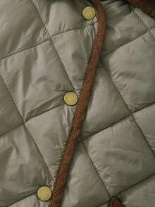 SHEIN 1 件女童菱形灯芯绒拼布领复古棉服外套，适合秋冬季 - 軍綠色 - 查看 5