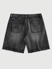 ROMWE MEN Street Life Pantalones cortos vaqueros casuales con adornos de strass y dobladillo deshilachado para hombres - Negro - Ver 2