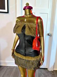 Slaydiva Autumn Women's Black PU Summer Tube Top, 70s Y2K Chic Patchwork Furry Collar Buttoned Neckline Asymmetric Hem, Viral Style Club Party Birthday - Black - View 3