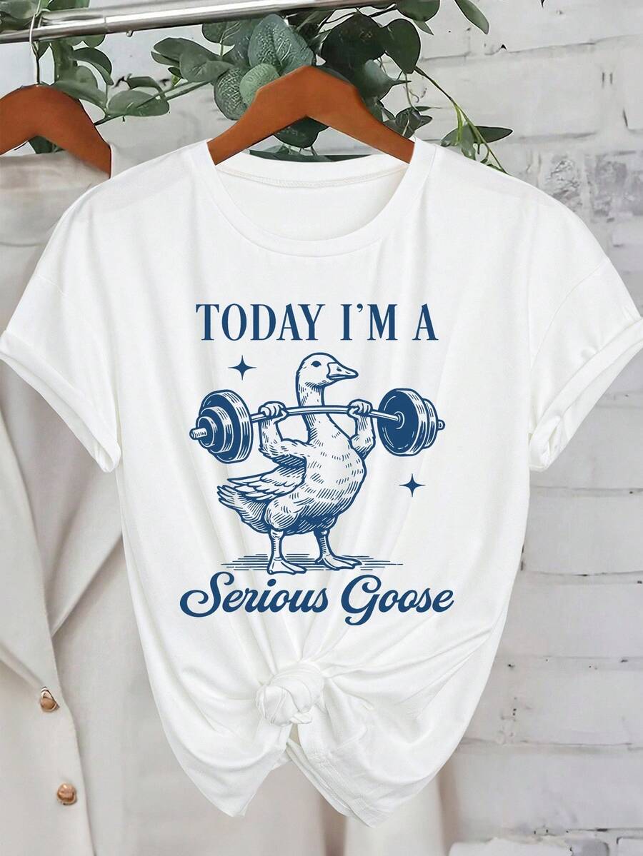 Serious Goose Lifting Weights At Gym Graphic Round Neck Short Sleeve Casual T-Shirt For Women - White - View 1