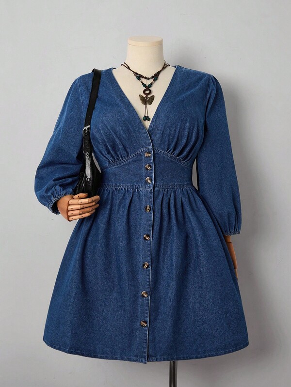 Sunspun Plus Size Women Casual Front Button Up Denim Dress, Holiday Style