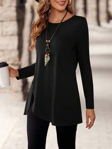 EMERY ROSE 简约纯色休闲圆领长袖女式T恤 - 黑色 - 查看 4