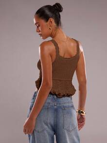 SHEIN BAE Áo len nữ ngắn tay viền ren không tay cho mùa thu/đông - Cà phê nâu - Xem 2