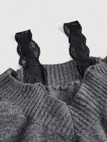SHEIN MOD Women's Black Lace 2 In 1 Grey Sweater In Fall/Winter - Dark Grey - View 5