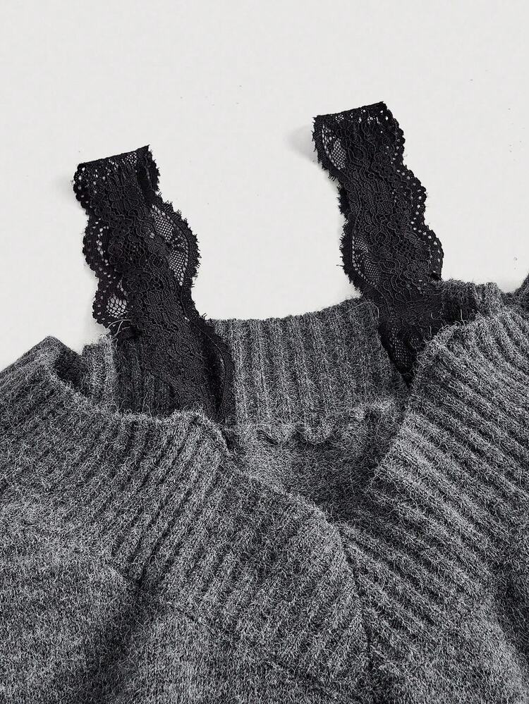SHEIN MOD Women's Black Lace 2 In 1 Grey Sweater In Fall/Winter - Dark Grey - View 5