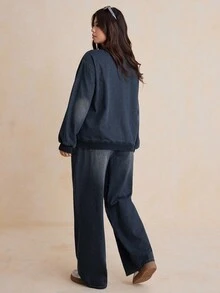 Dazy Plus 2pcs Plus Size Women Embroidered Letter Washed Dark Blue Denim Loose Long Sleeve Top And Pants Set, Spring/Autumn - Dark Wash - View 2