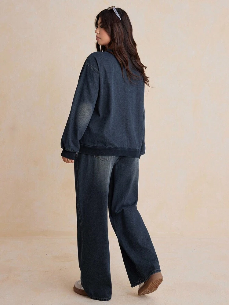 Dazy Plus 2pcs Plus Size Women Embroidered Letter Washed Dark Blue Denim Loose Long Sleeve Top And Pants Set, Spring/Autumn