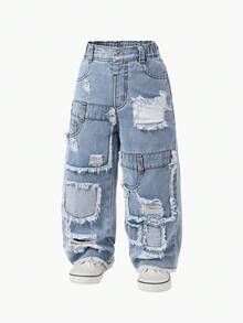 年轻女孩休闲时尚舒适学院风松紧腰刺绣做旧阔腿牛仔裤 - 淺色水洗藍 - 查看 4