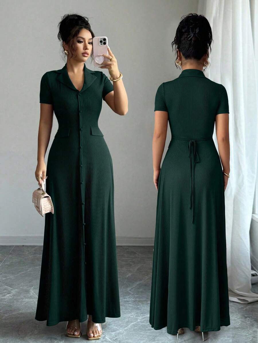 Elenzga Đầm Maxi Tay Ngắn Thắt Nơ Lưng Chữ A Lưng Cao Màu Nâu Thanh Lịch Cho Nữ - Màu xanh lá cây đậm - Xem 1