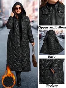 SHEIN Clasi 大码女式羽绒服，优雅黑色带口袋羽绒服，中长款羽绒服，带帽羽绒服，秋冬长款女式外套，长款绗缝夹克，冬季女式长款外套，女式羽绒服