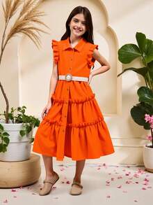 Tween Girl's Turn-Down Collar Mid-Length Dress With Woven Waist Belt Summer Holiday - Orange - View 3