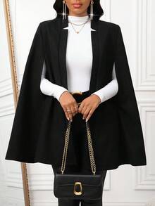 SHEIN Lady 黑色斗篷毛呢大衣，秋冬时尚百搭，日常通勤、聚会、办公室穿着都适用。 - 黑色 - 查看 1